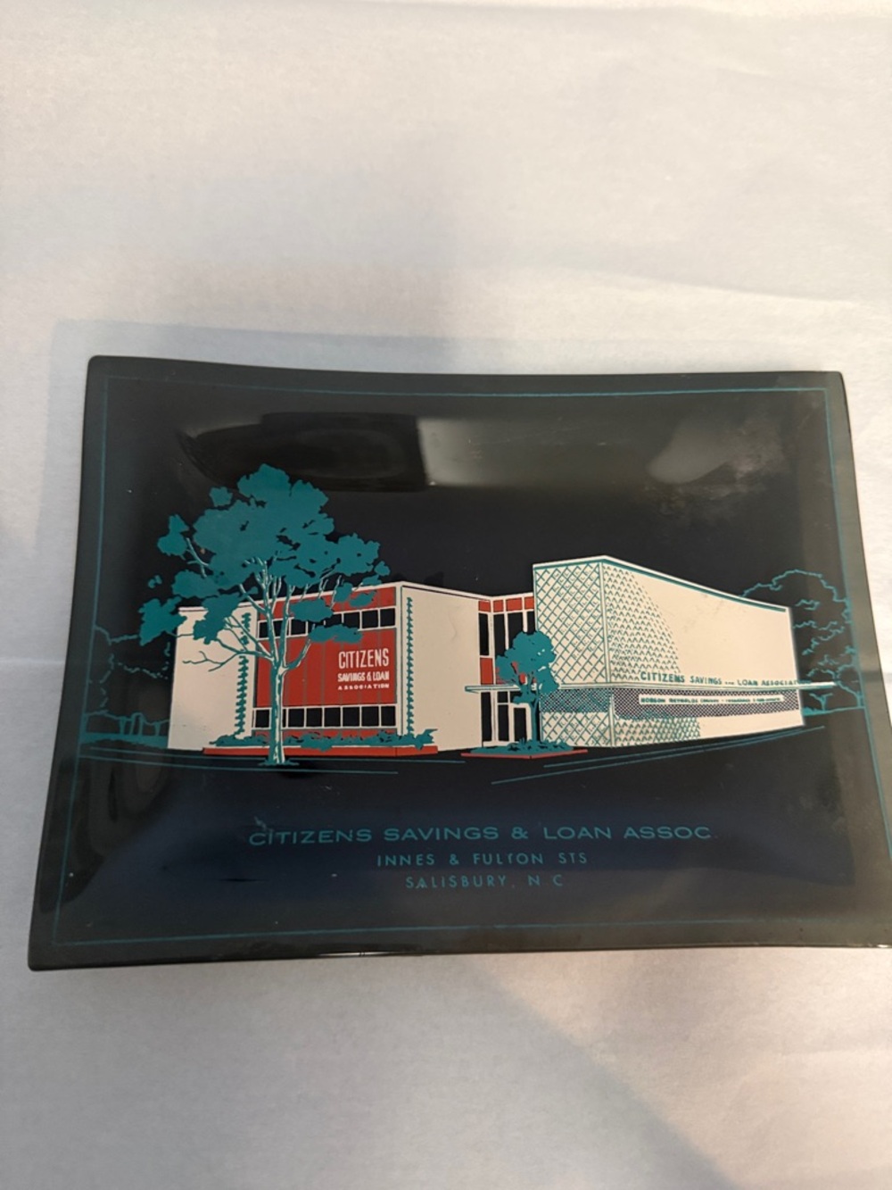 VTG Citizens Savings & Loan Dec. Glass Tray, Innes and Fulton STS, Salisbury, NC